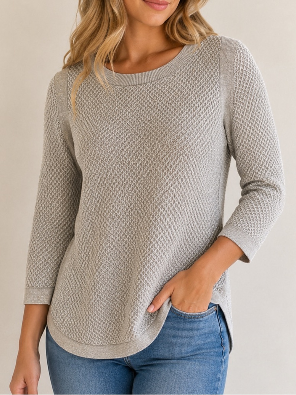 Tommy Hilfiger Metallic Knit Sweater Top Grey Silver Shimmer 3/4 Sleeve Large